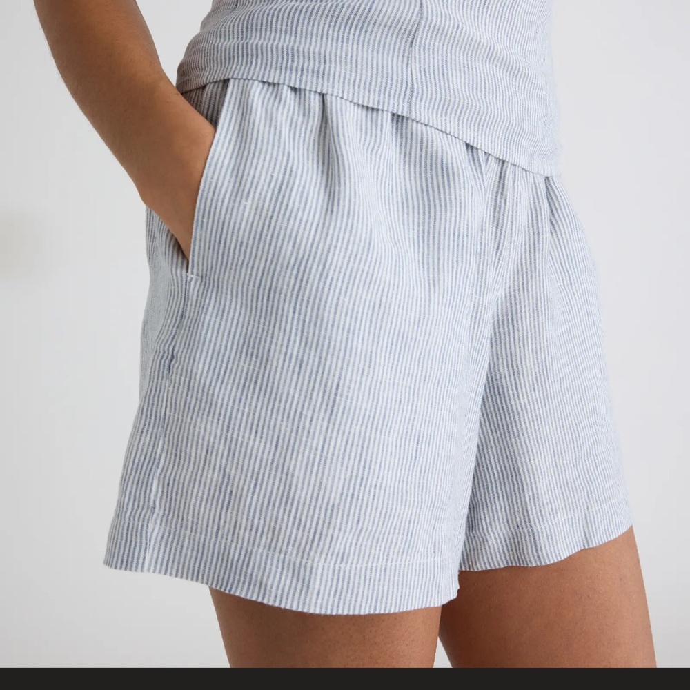 Quince Light Blue Striped High Waist Shorts